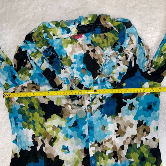 Sunny Leigh Blue and Green Floral Ruffle Neck Button Up Blouse - Picture 6 of 6